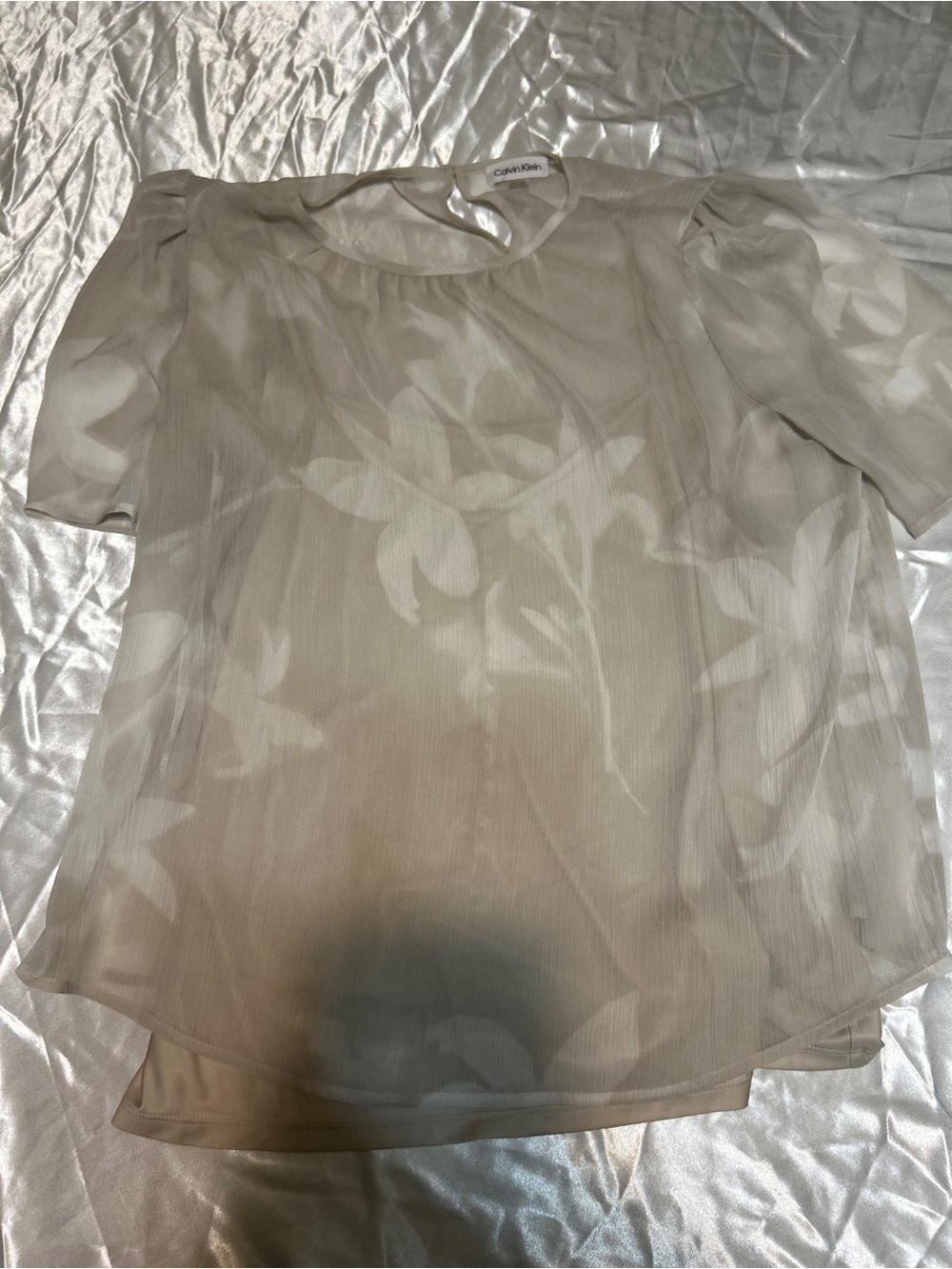 Calvin Klein Cream White Floral Burnout V-Neck Blouse XL